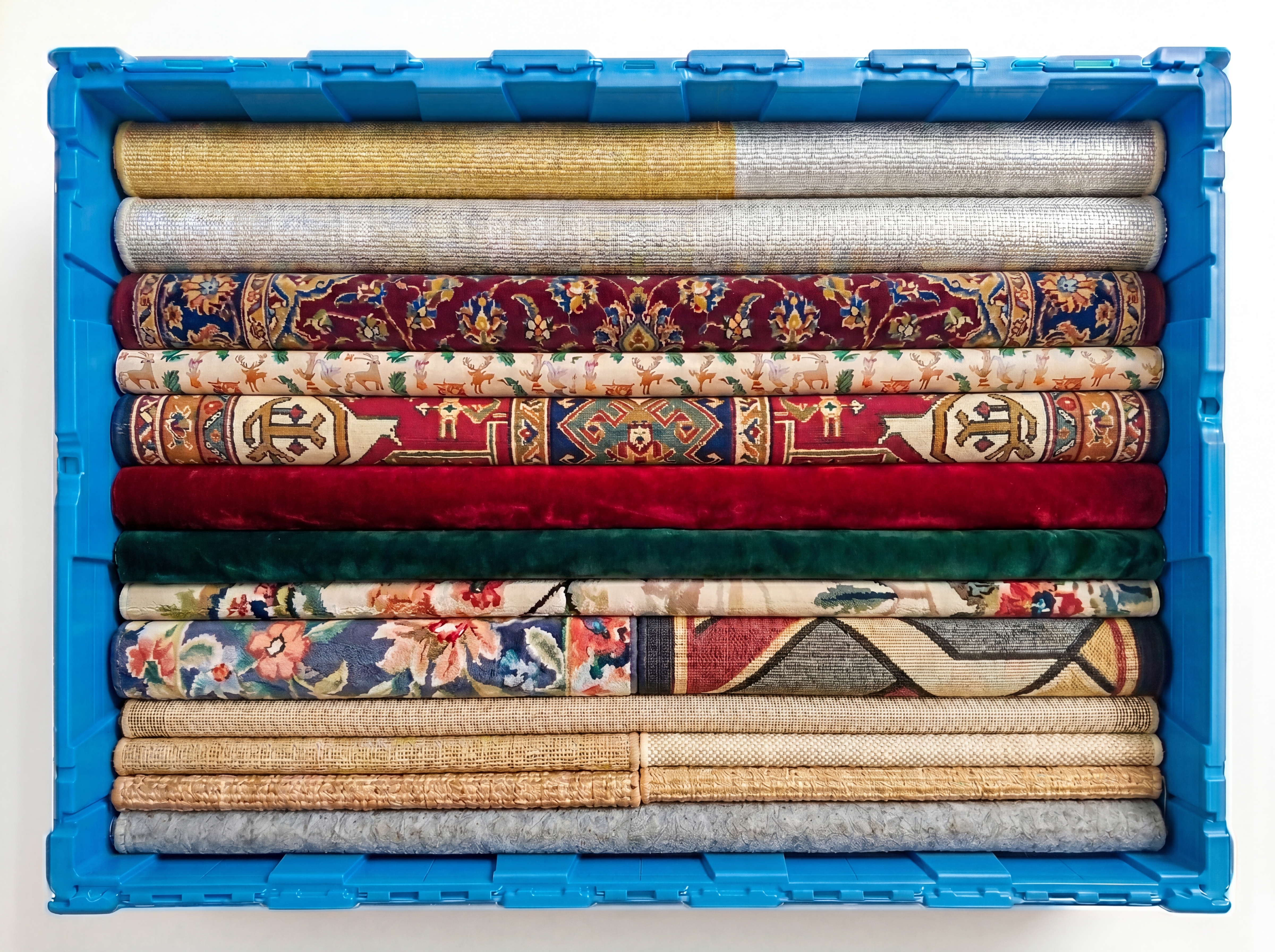 Rugs and carpets stored in a large Fort Lox box